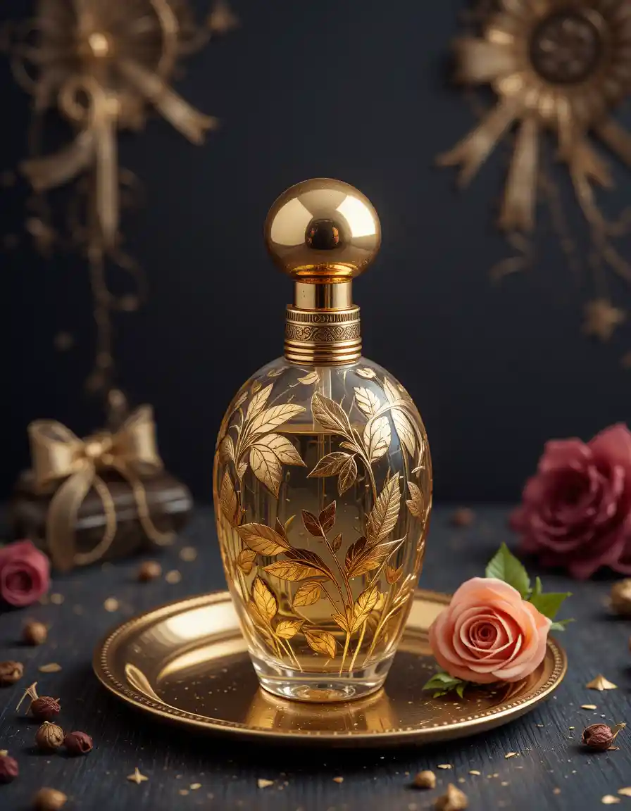 Vintage perfume bottle on gold plate with warm light
