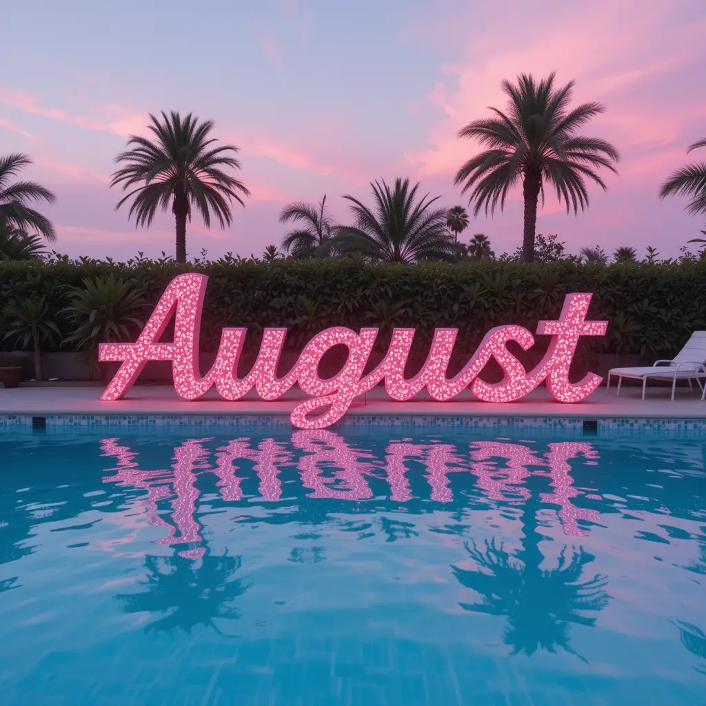 August baby pink beach pool aesthetic with glitter text