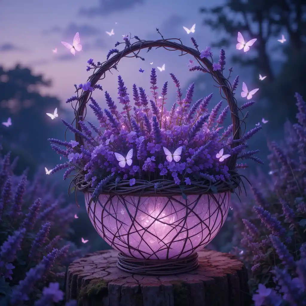 Enchanted Lavender Basket With Glowing Purple Flowers