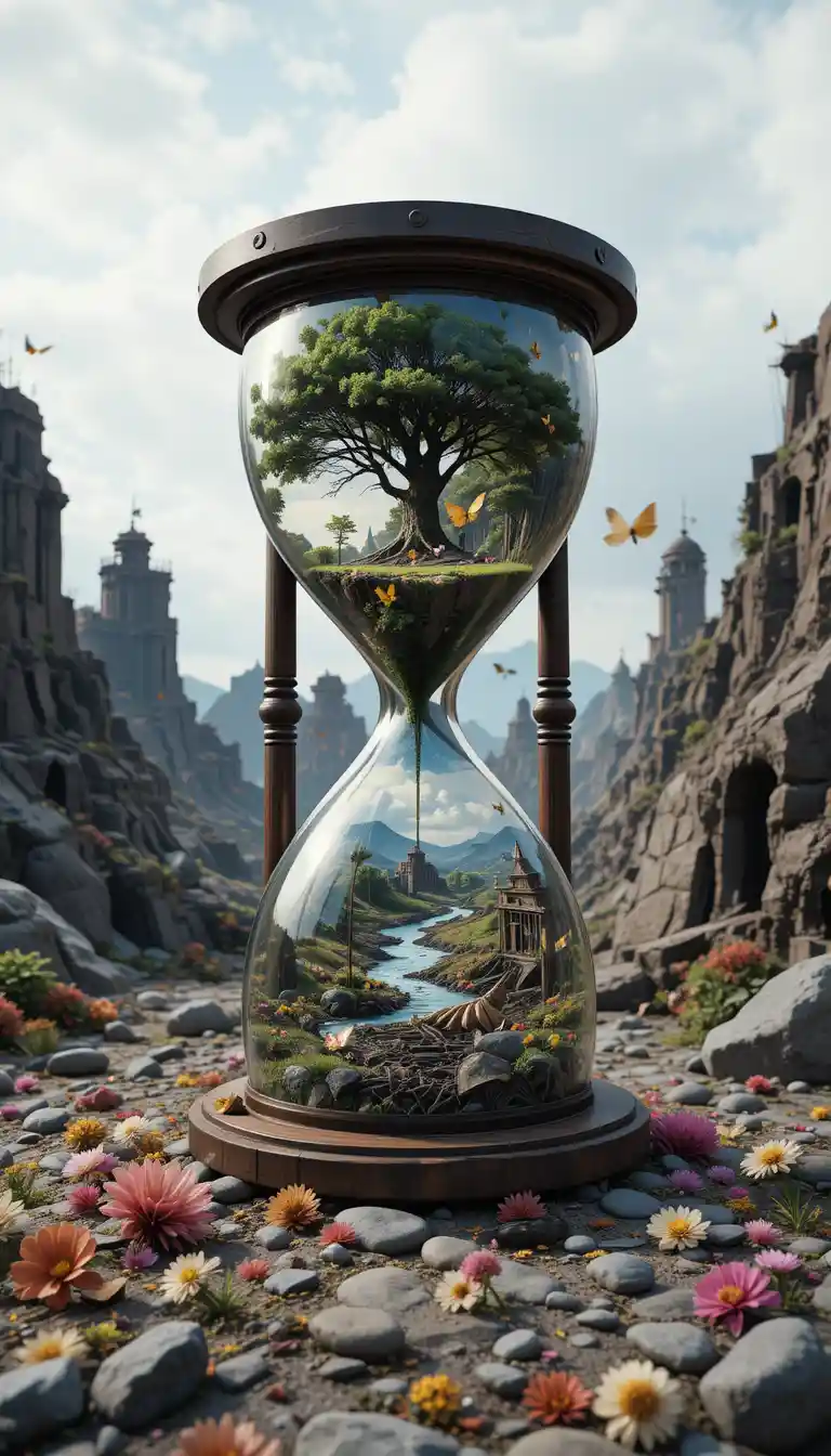 Reloj de arena 3D surrealista con mundos exuberantes y arruinados