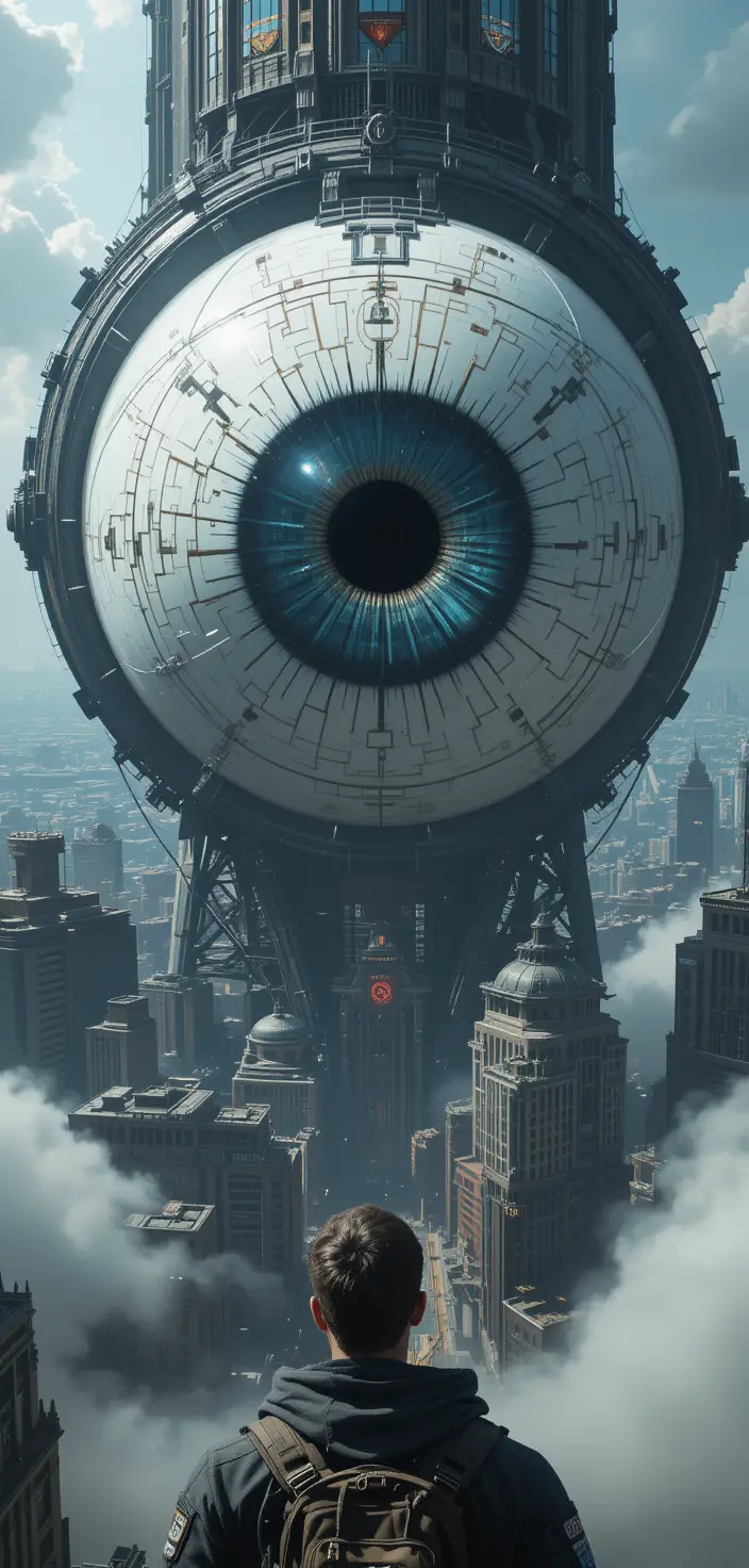 Giant floating eyeball watching over a futuristic city
