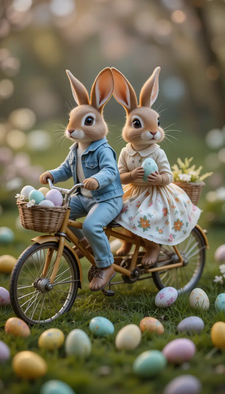 Two rabbits riding a tandem bicycle with Easter eggs