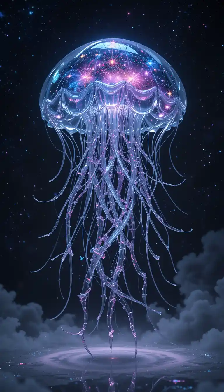 Glass jellyfish galaxy drifting through star filled space