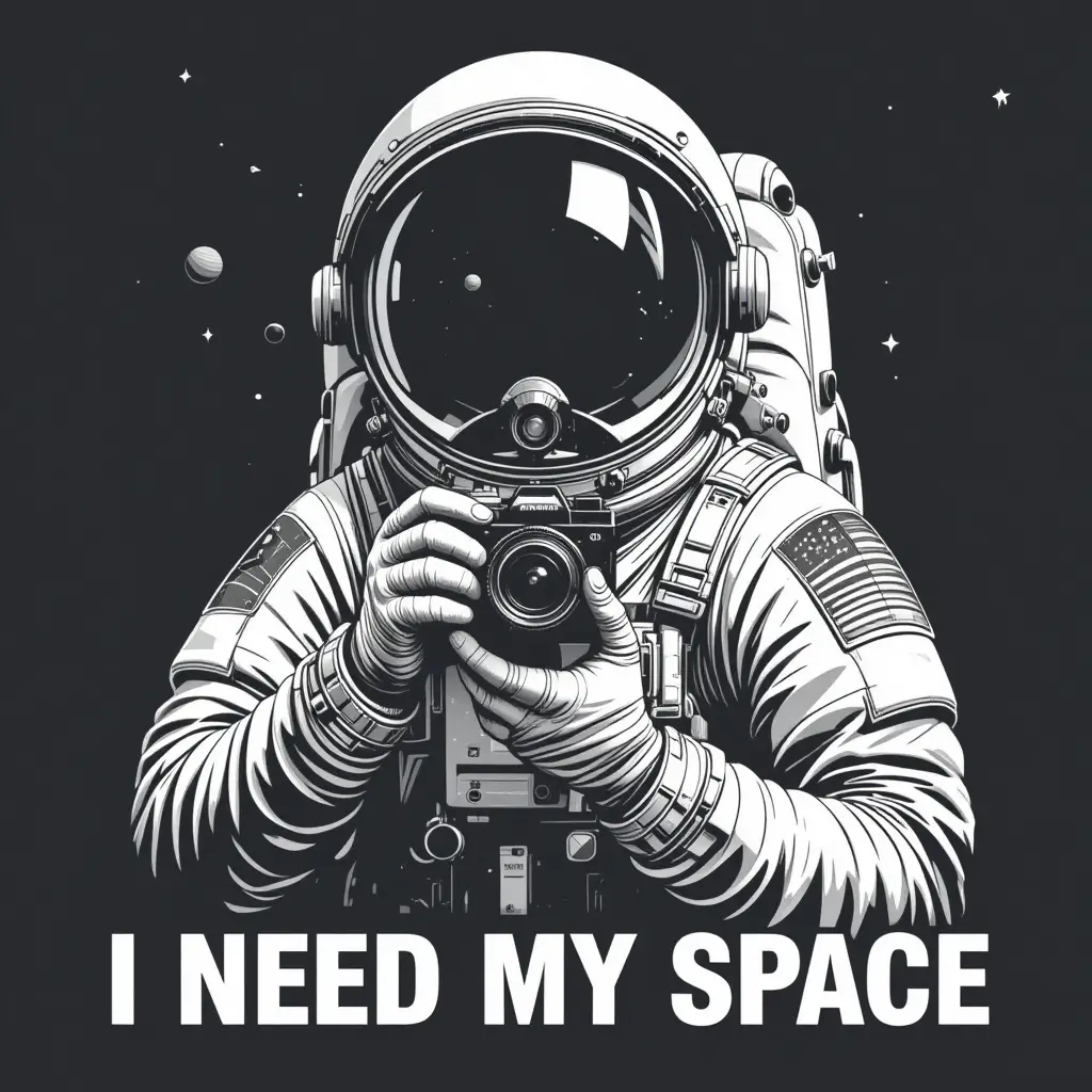 Monochrome astronaut in space holding a camera