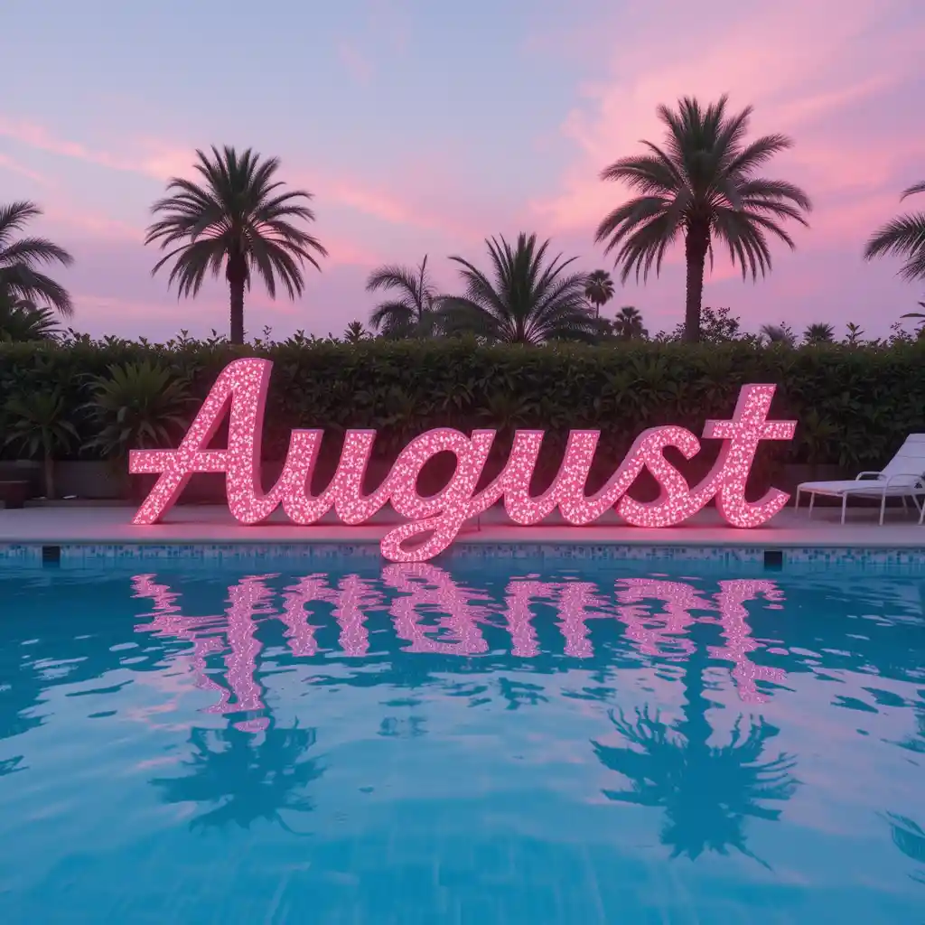 August baby pink beach pool aesthetic with glitter text