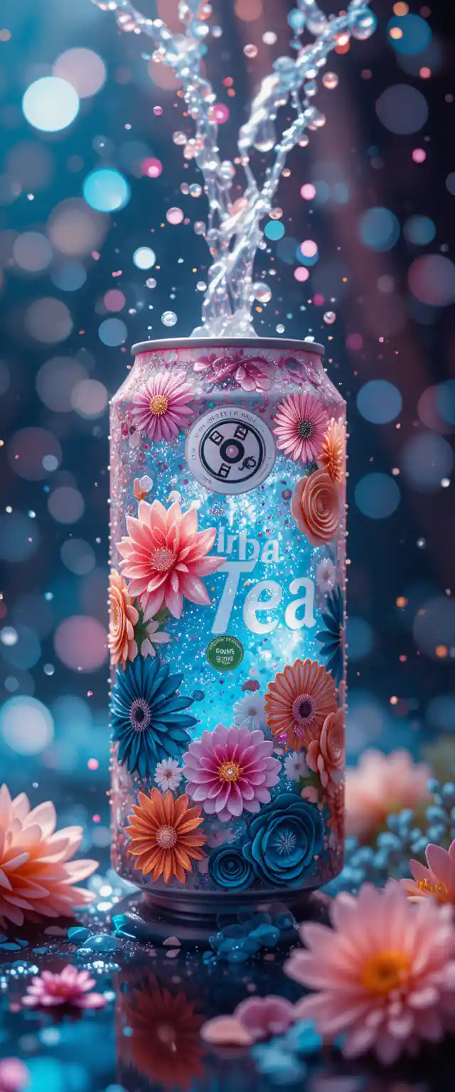 Glowing soda can with sparkling water and floral details