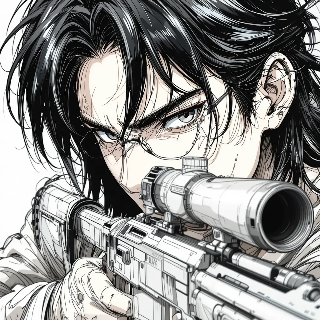 Anime sketch of a man with sniper rifle close up