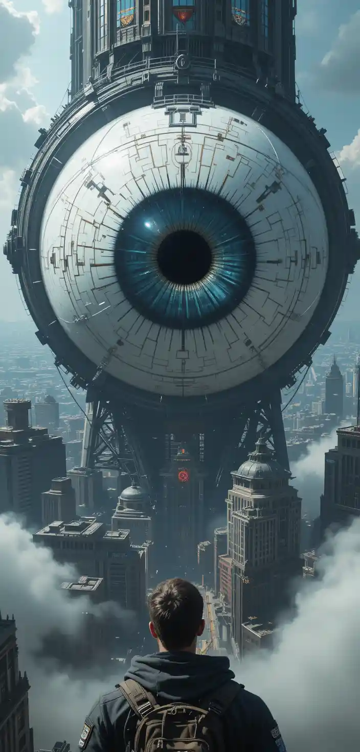 Giant floating eyeball watching over a futuristic city