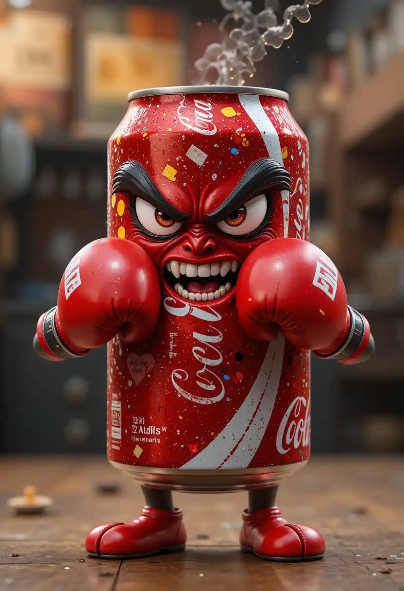 Cartoon soda can boxer character with fierce expression