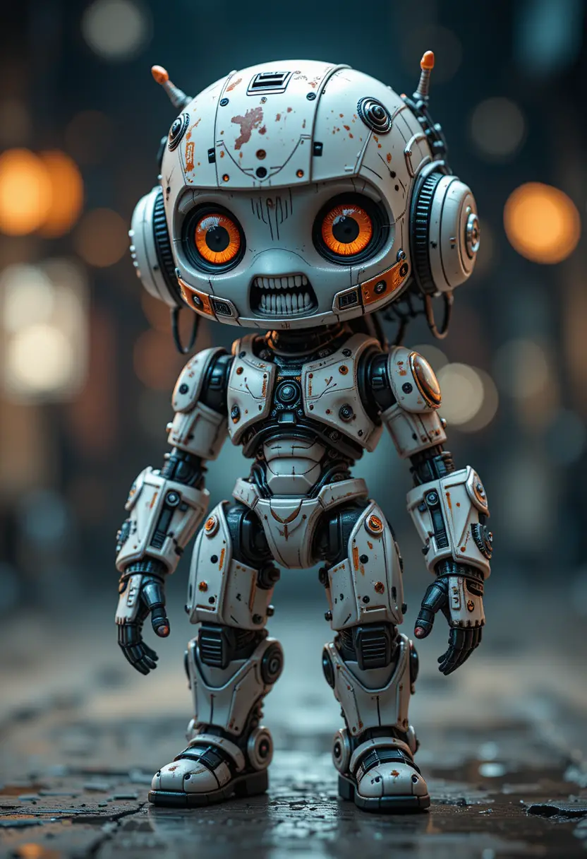 Cute punk robot toy in cinematic 3d portrait