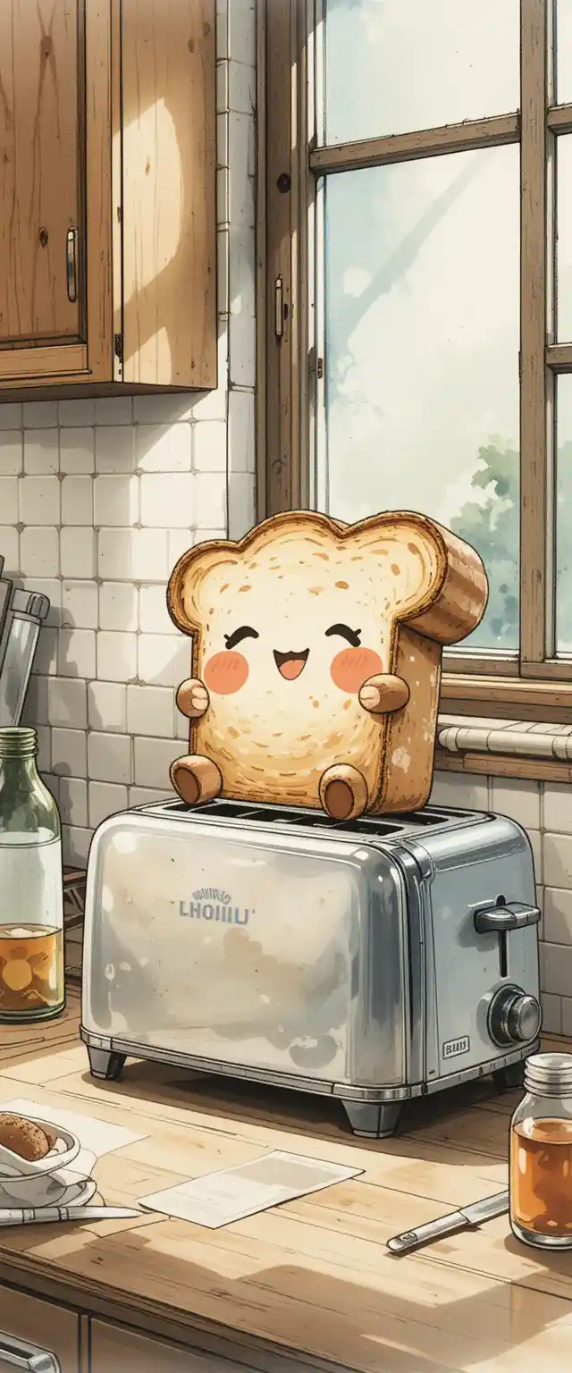 Cute anthropomorphic bread relaxing on a toaster