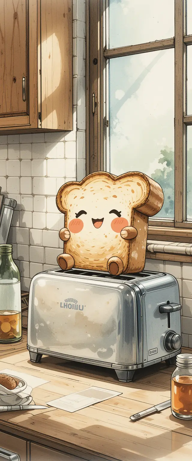 Cute anthropomorphic bread relaxing on a toaster