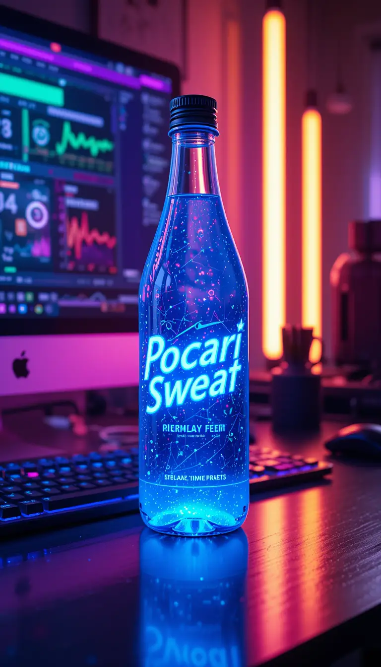 Futuristic neon bottle on sleek metallic office desk
