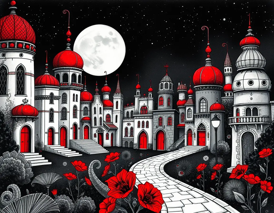 Surreal Fantasy City With Red Domes And Moonlit Sky