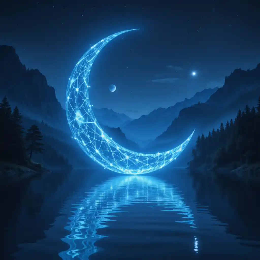 Luna Crescente di Cristallo su un Lago Notturno Sereno