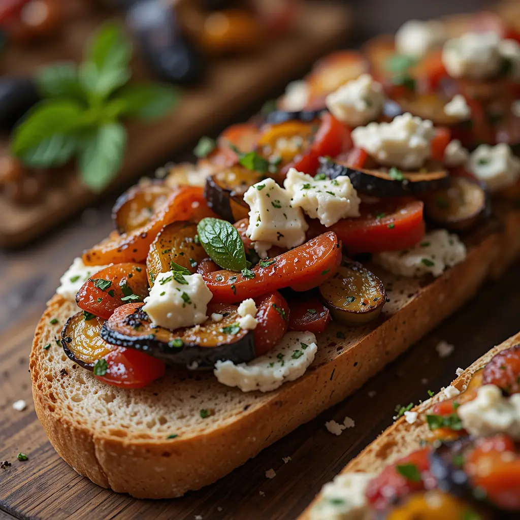 Rustic vegetable baguette with creamy goat cheese