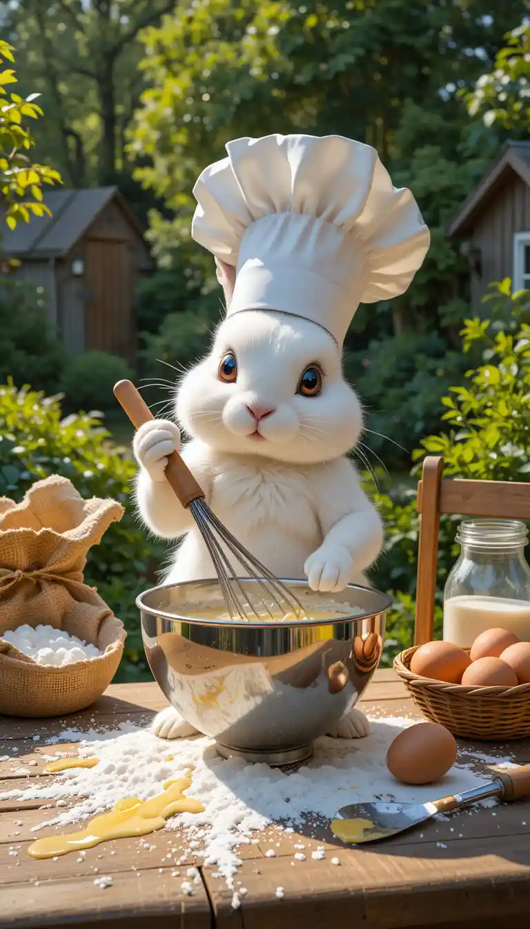Cute white rabbit whisking batter in sunny garden