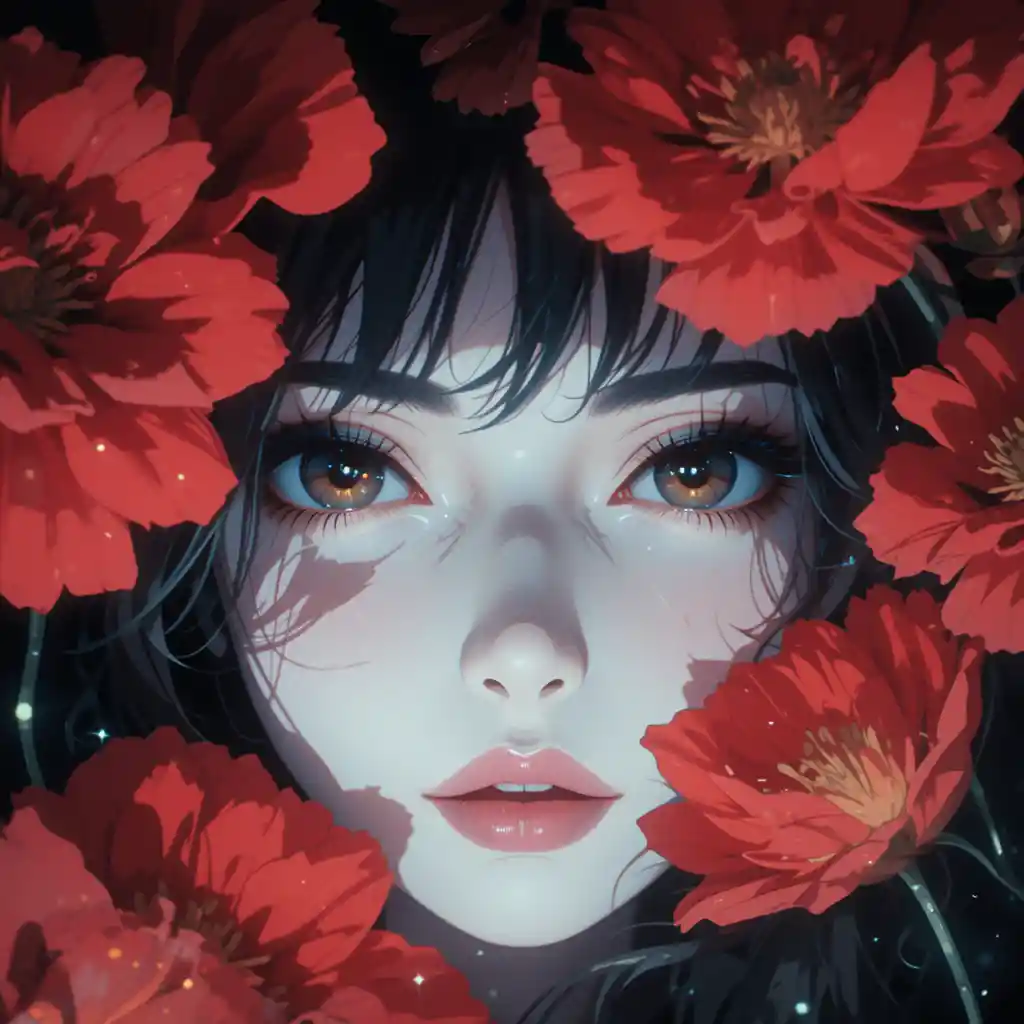 Ethereal woman with red flowers in shadowy close up