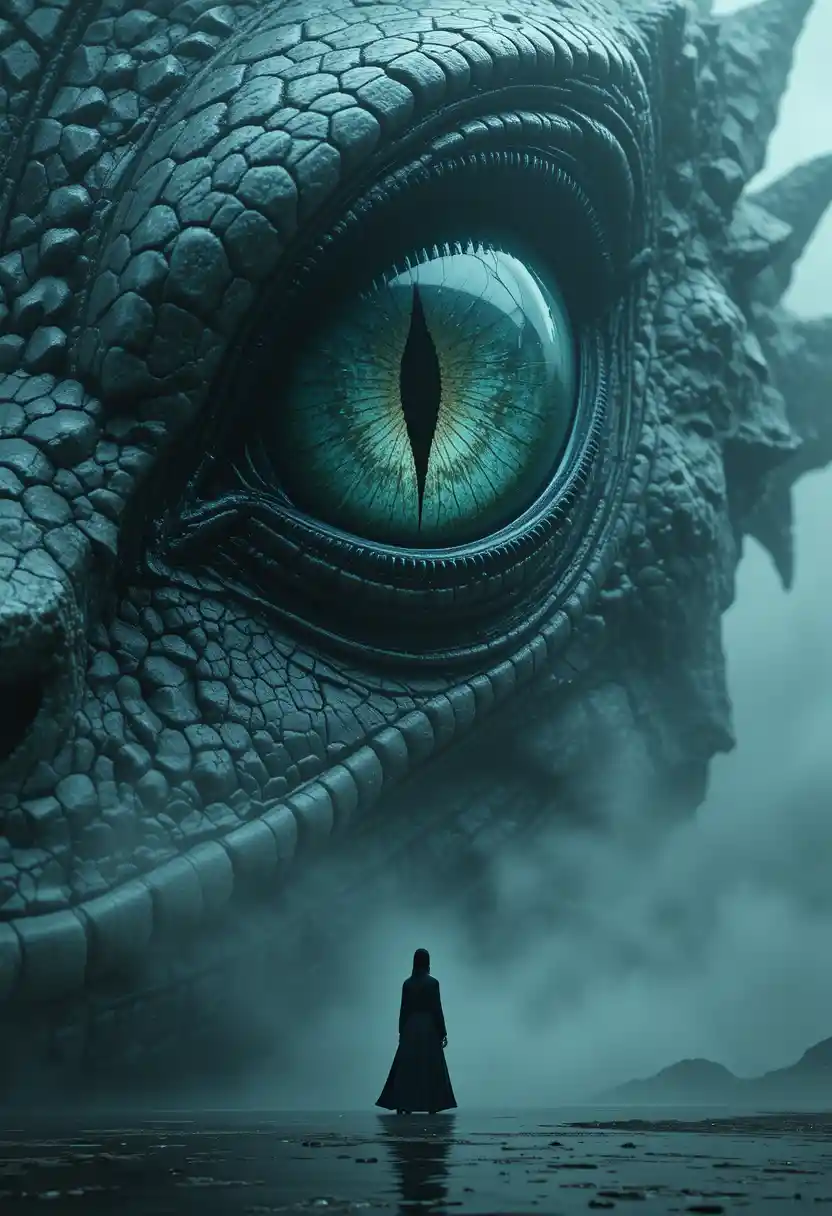 Human Figure Before A Massive Dragon Eye In Mist