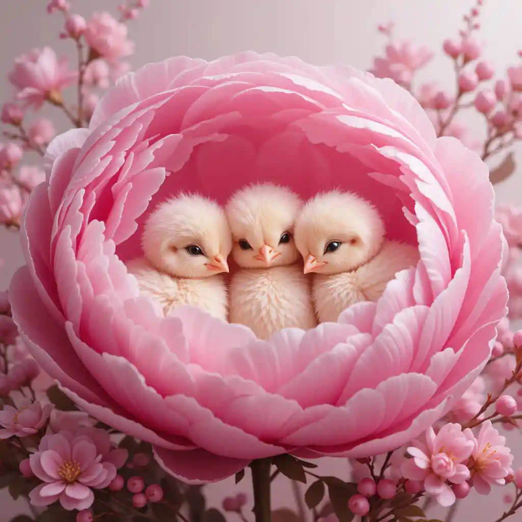 Three Pink Chicks Resting In A Peony Blossom