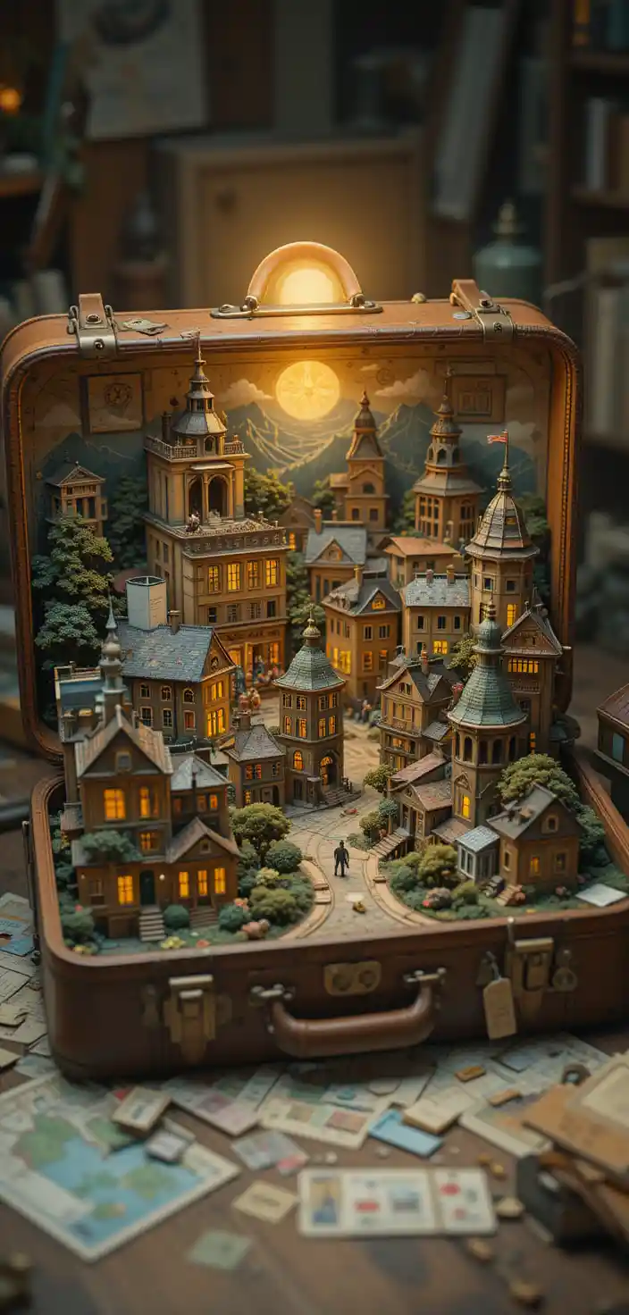 Miniatura Fantasiosa di Città-Giungla Dentro una Valigia da Viaggio Vintage