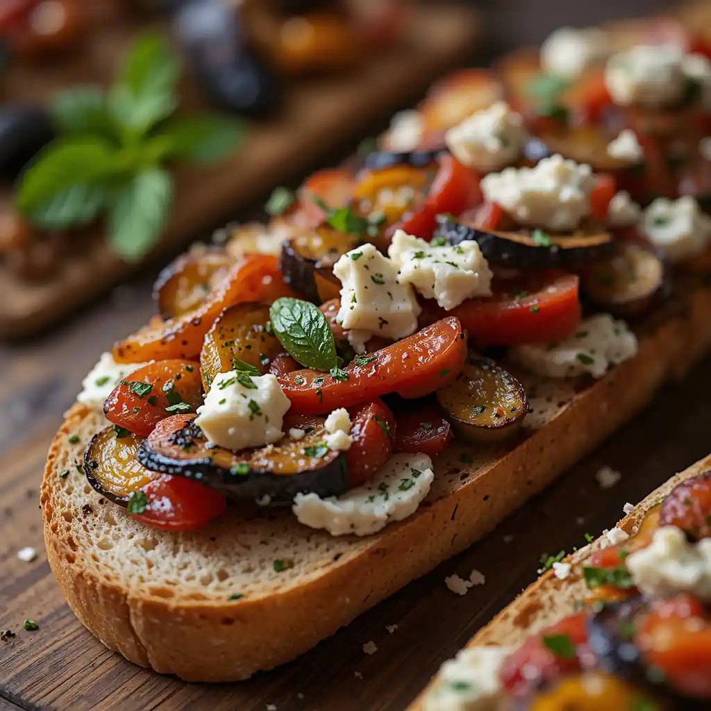 Rustic vegetable baguette with creamy goat cheese