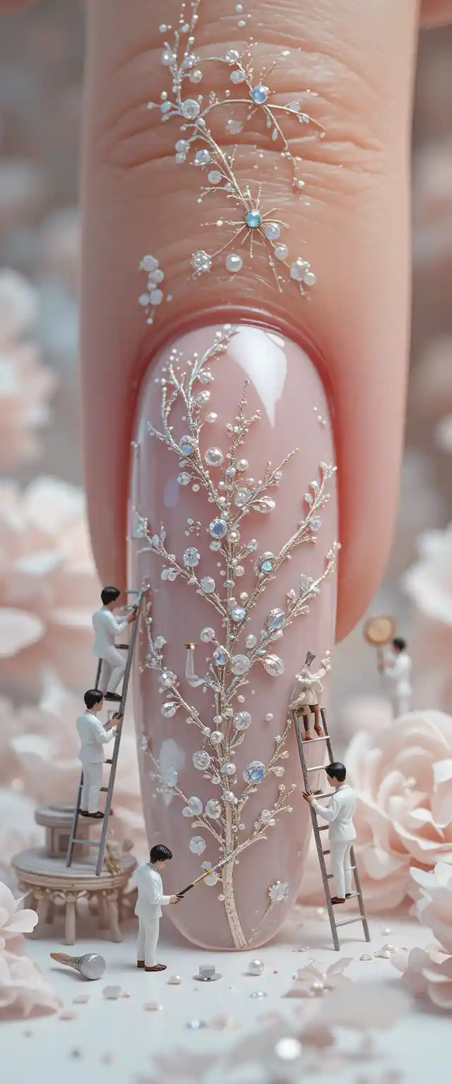 Surreal close up of manicured nail with tiny workers