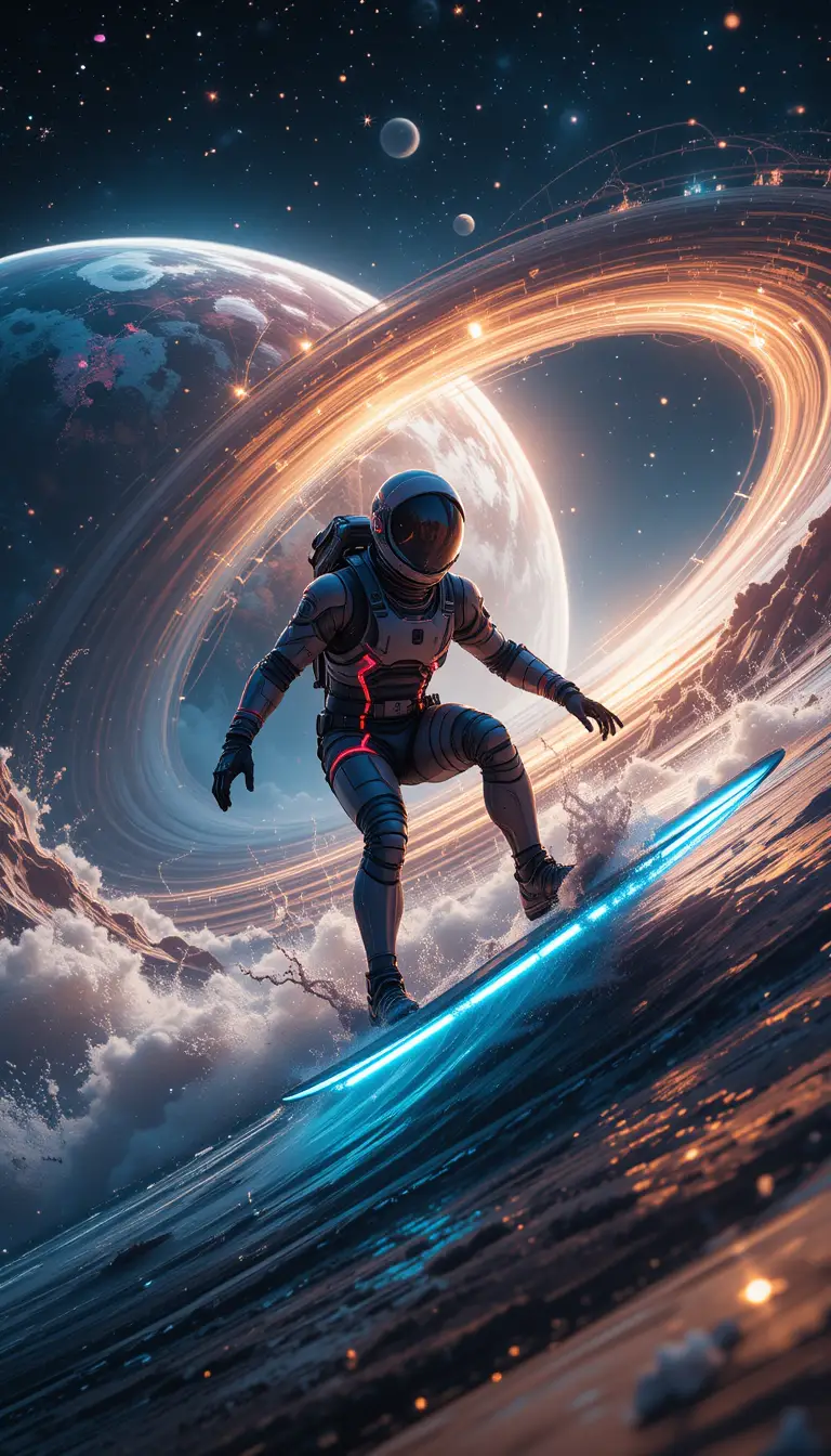 Astronaut surfing glowing waves on a distant gas giant