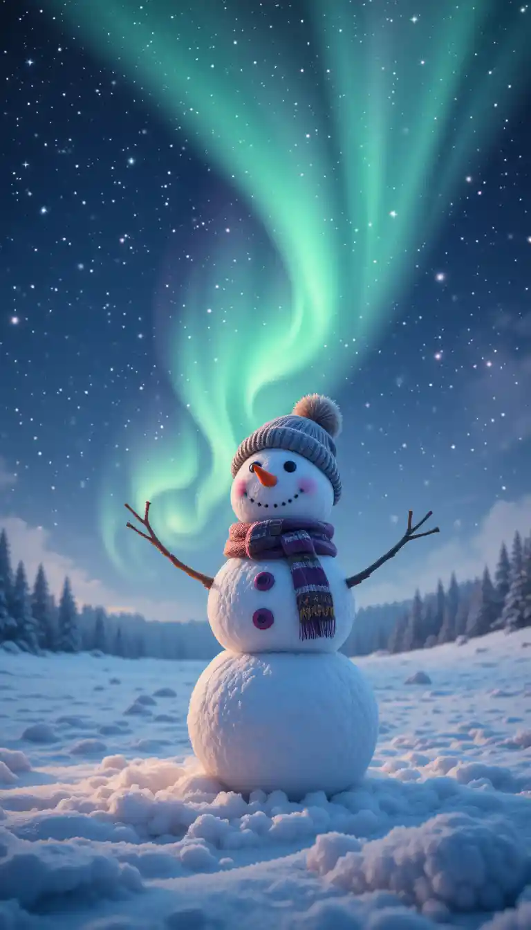 Snowman Under A Starry Sky With Northern Lights