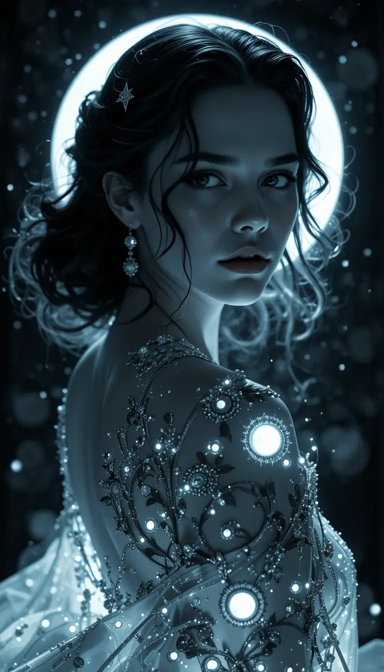 Mystical water goddess with glowing lunar eyes