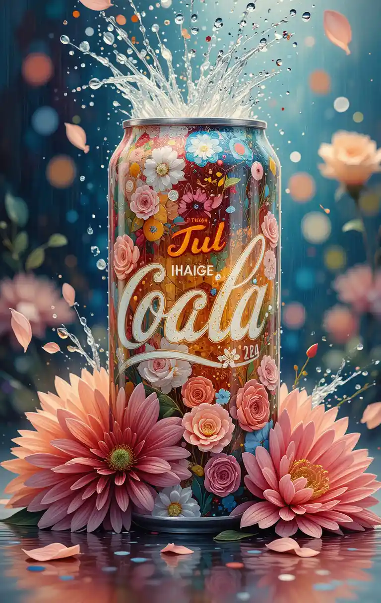 Floral soda can with sparkling water and bokeh glow