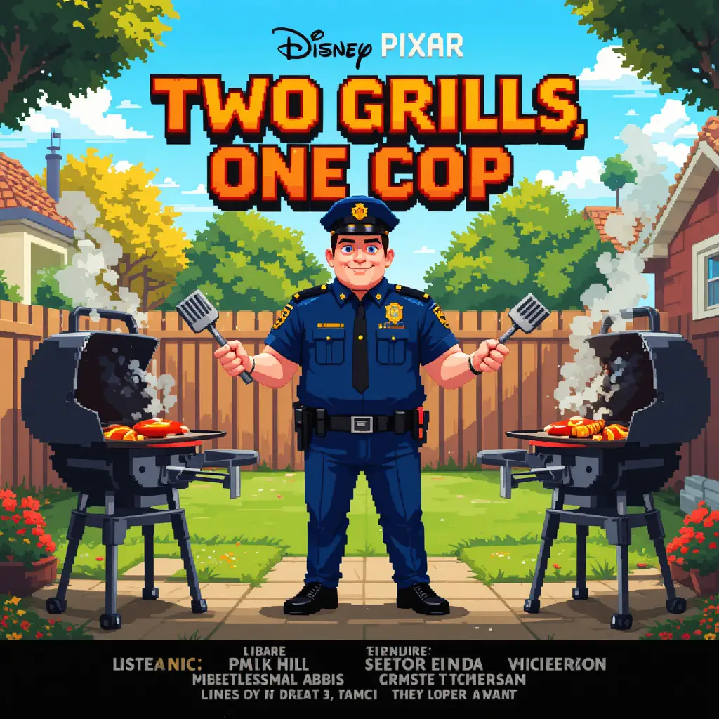 Pixel art cop between two backyard barbecue grills