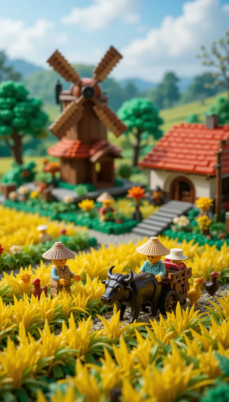 Lego-Bauernhof auf dem Land mit Bauern und Tieren