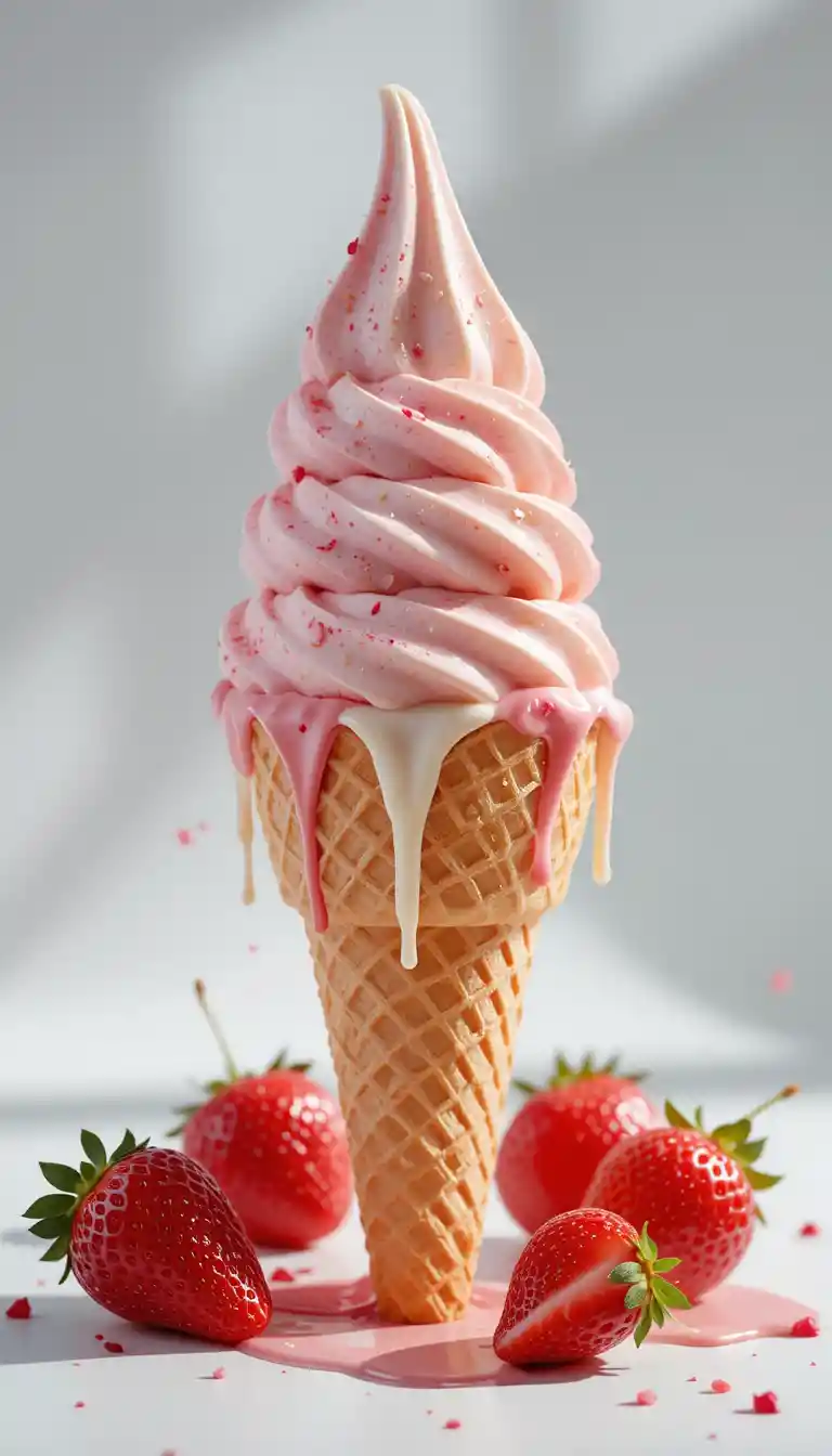 Vanilla and strawberry Italian ice cream in waffle cone close up