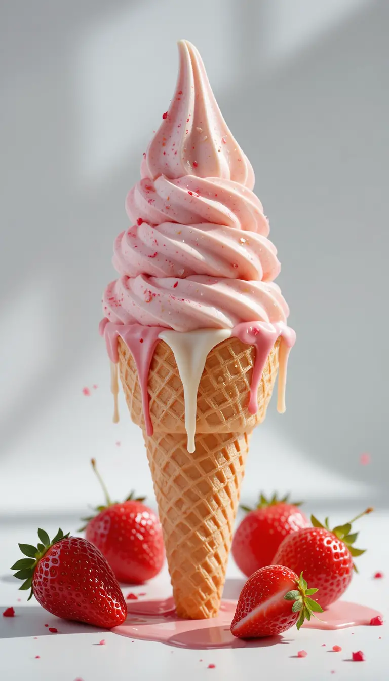 Vanilla and strawberry Italian ice cream in waffle cone close up