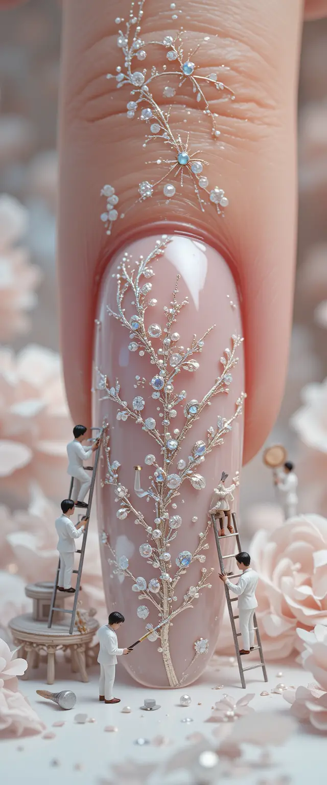 Surreal close up of manicured nail with tiny workers
