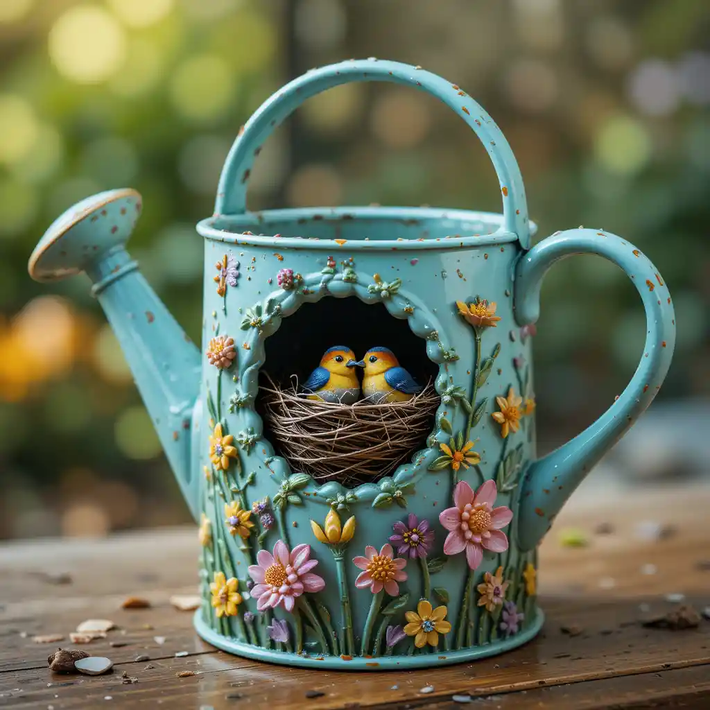 Spring watering can with bird nest and baby birds