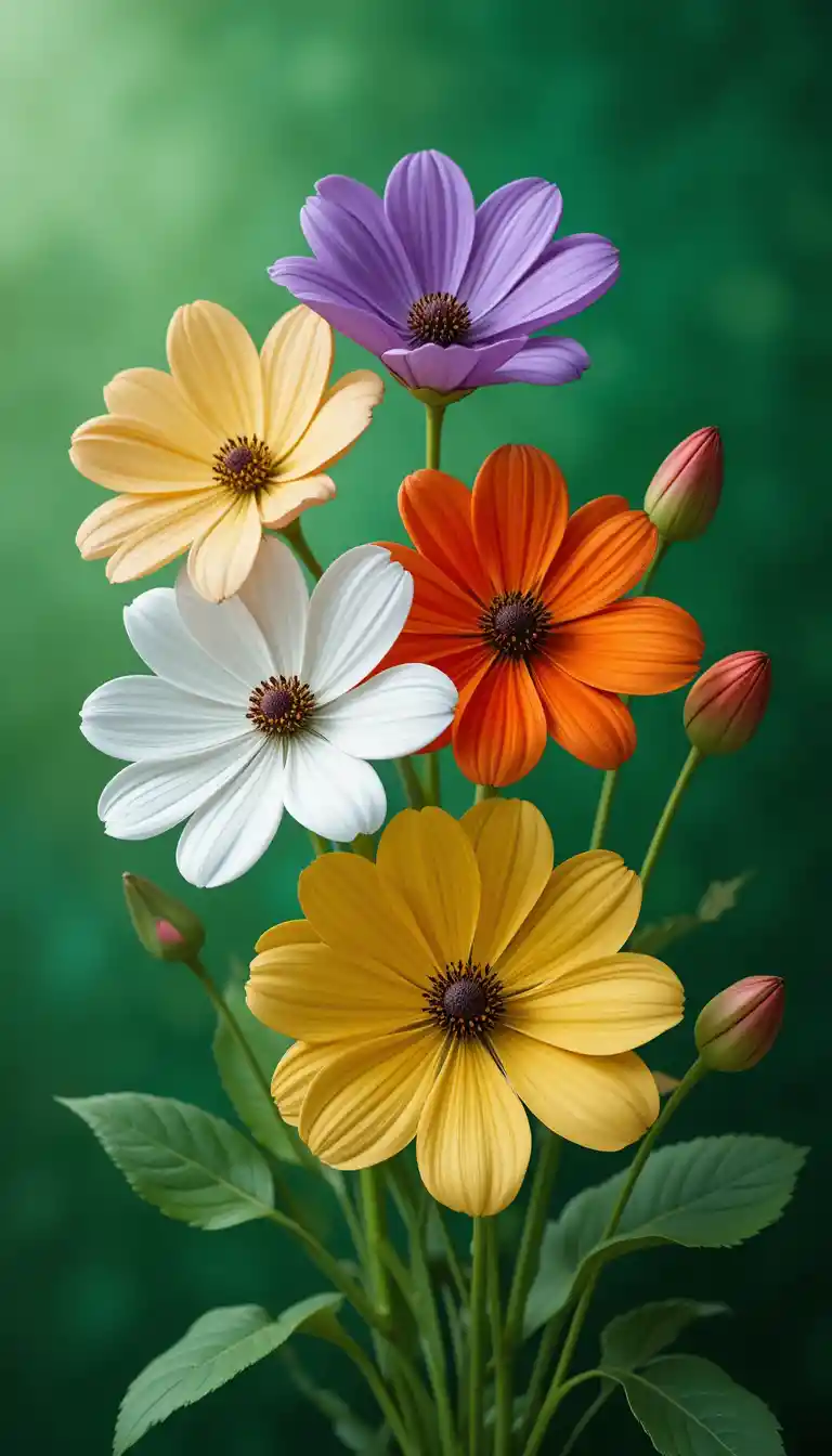 Colorful cosmos flowers close up with soft green background