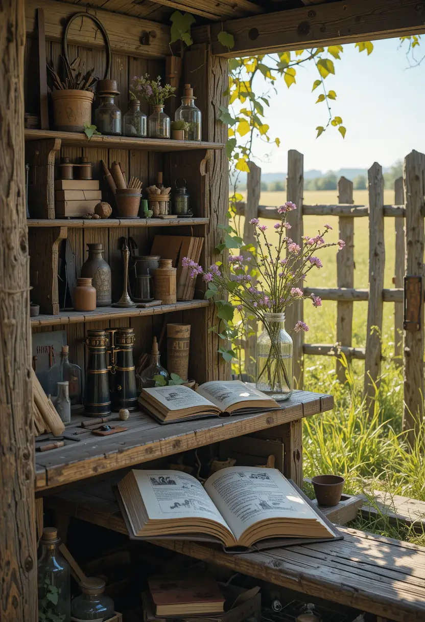 Sunlit rustic workshop shelf with vintage tools and books