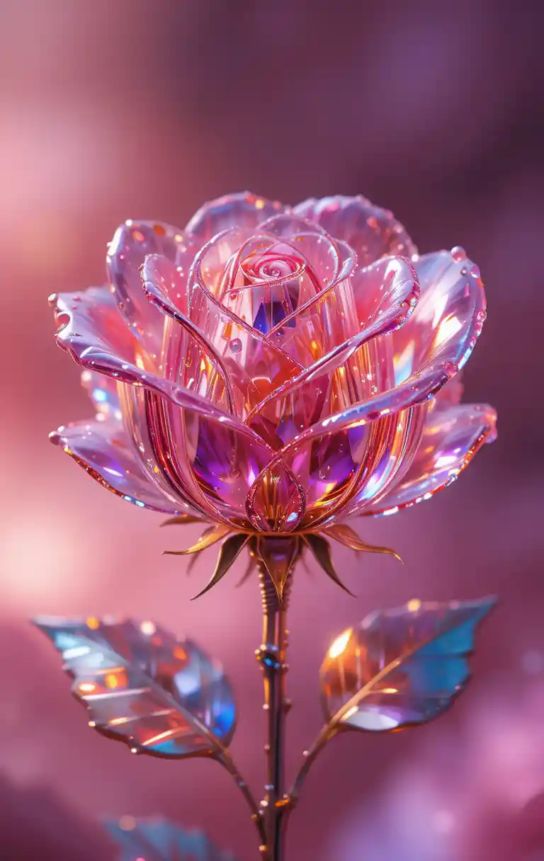 Glass rose with glowing crystalline petals and droplets