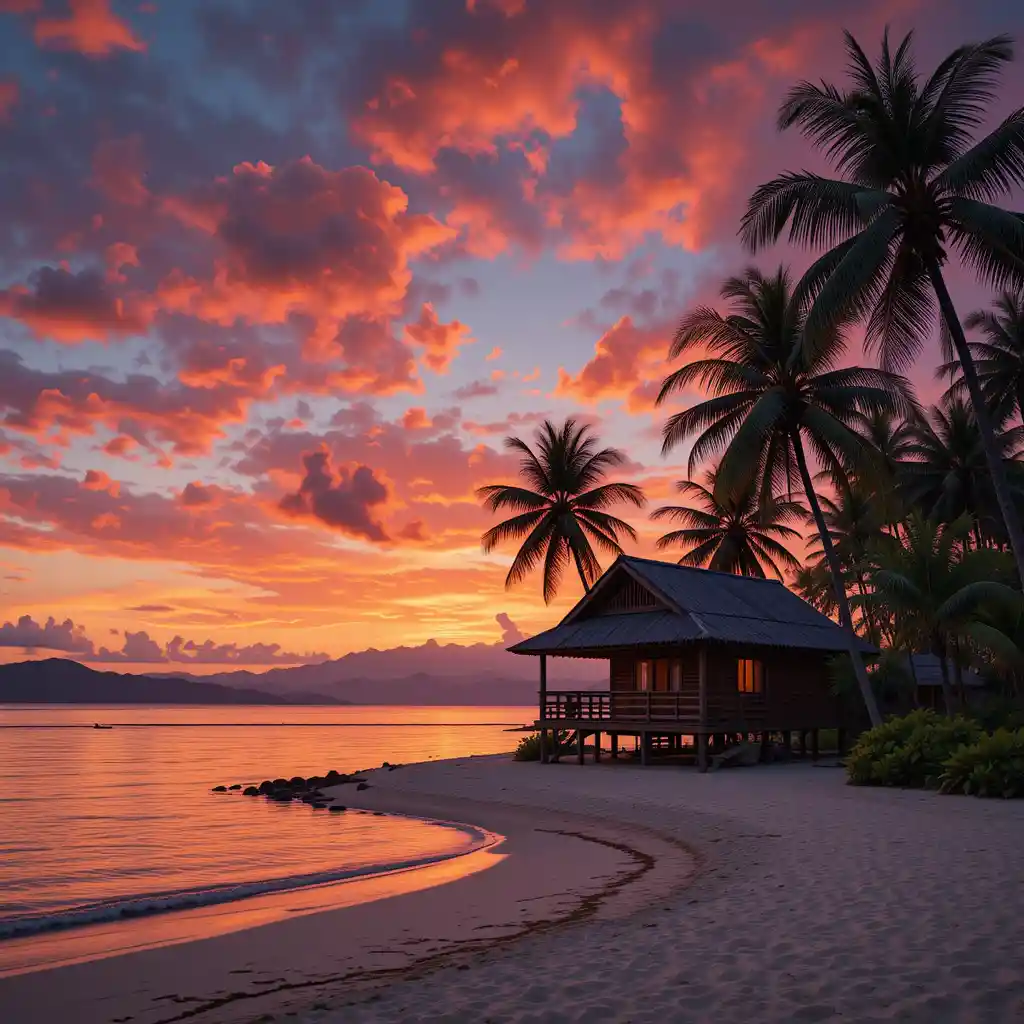 Casa de playa tropical al atardecer con palmeras y mar