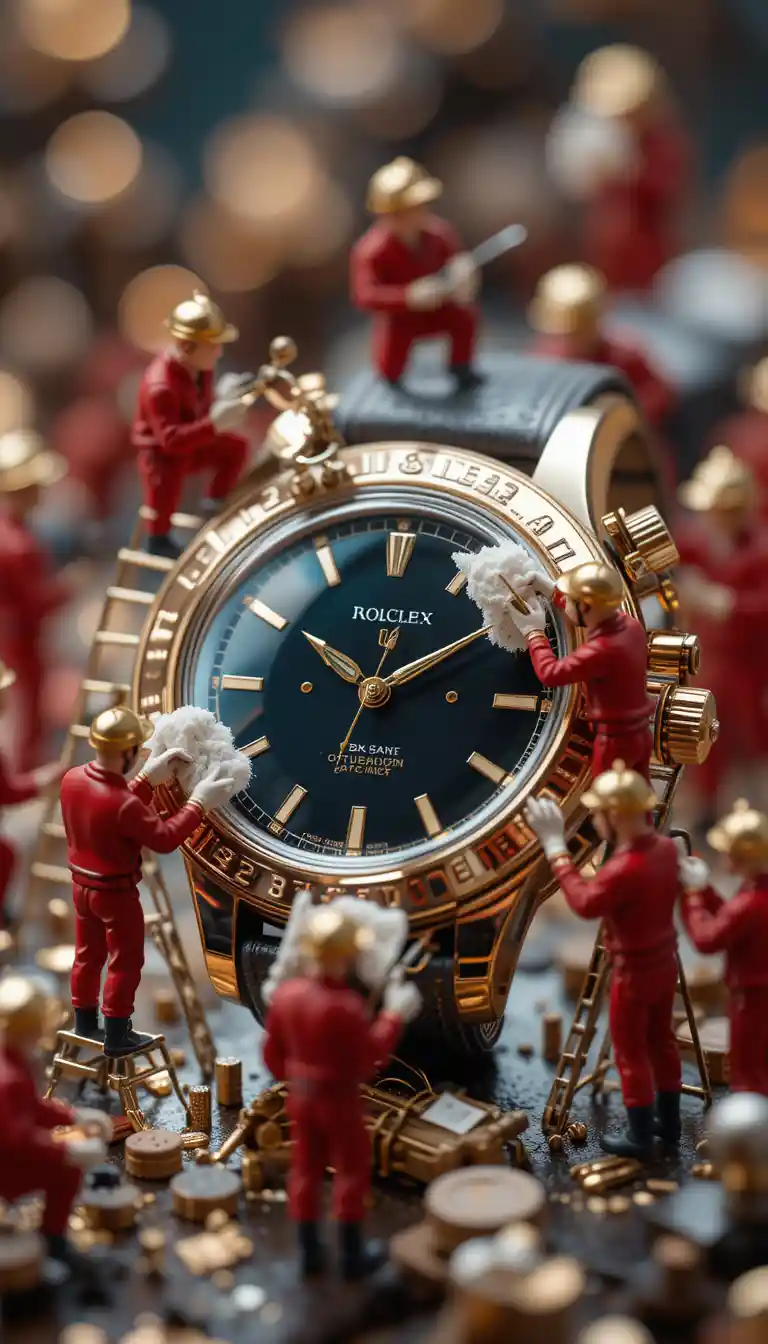 Tiny workers cleaning a luxurious wristwatch in macro view