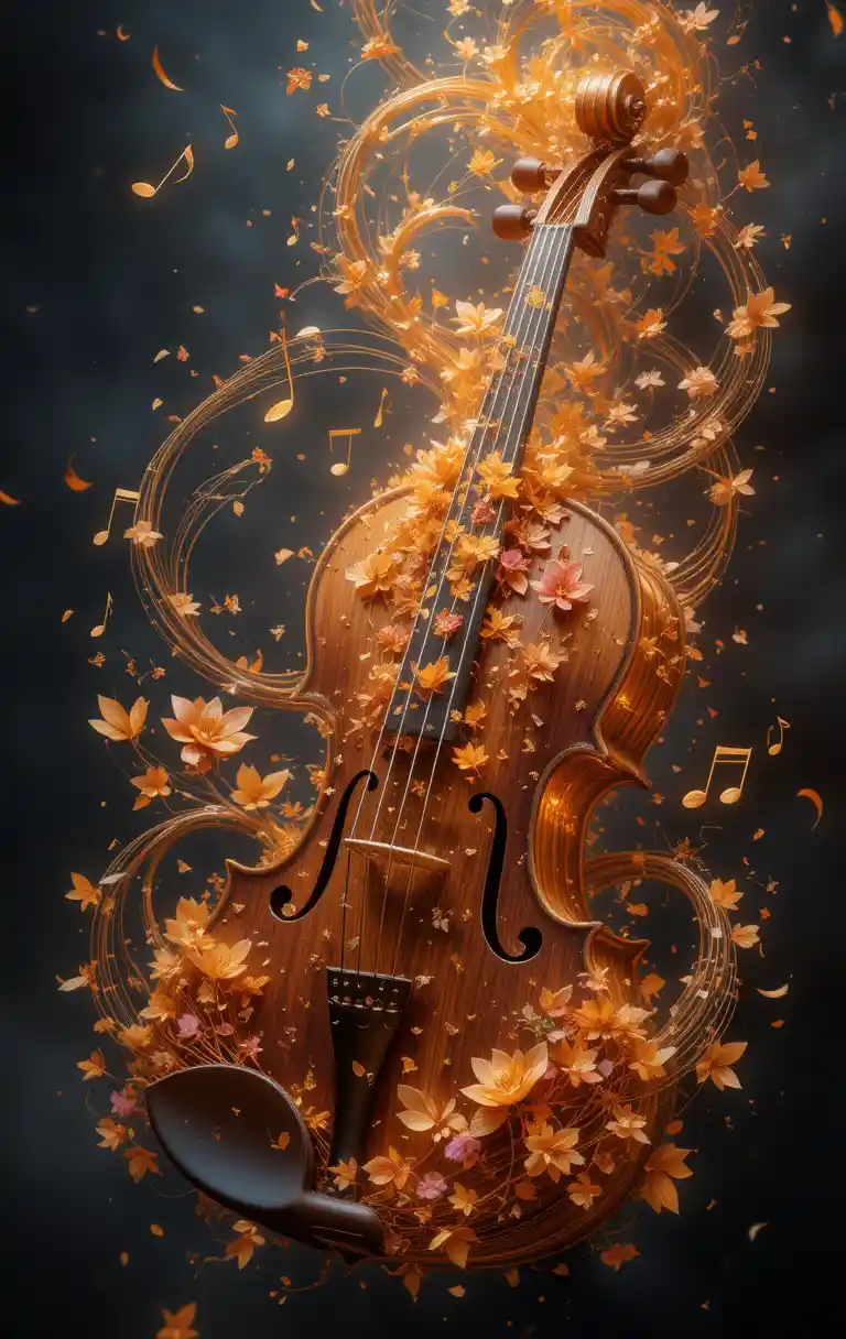 Ancient violin dissolving into glowing autumn music
