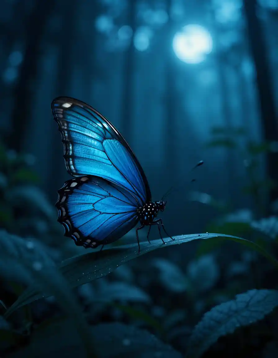 Blue butterfly close up in a dark twilight forest