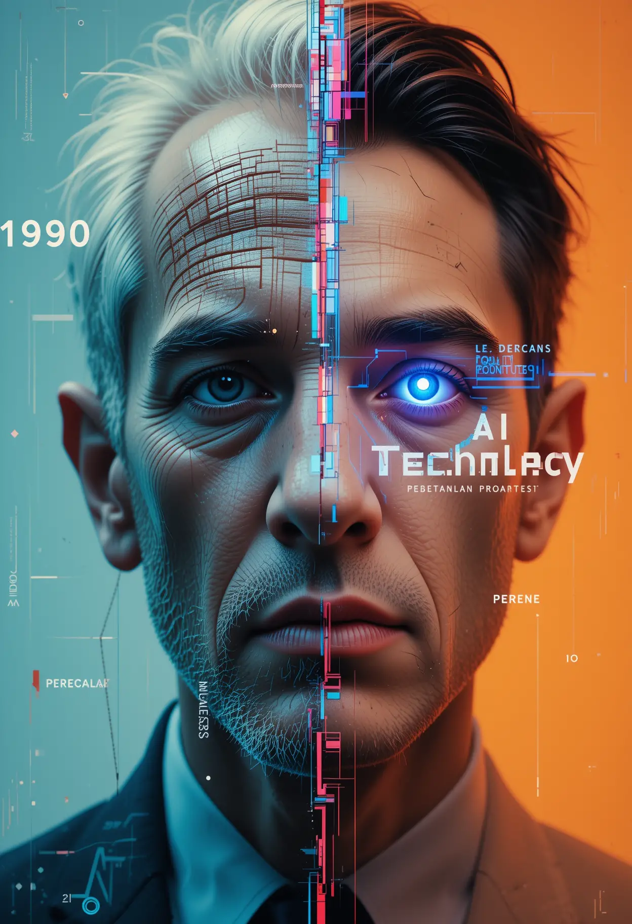 Split portrait of analog past and futuristic ai era