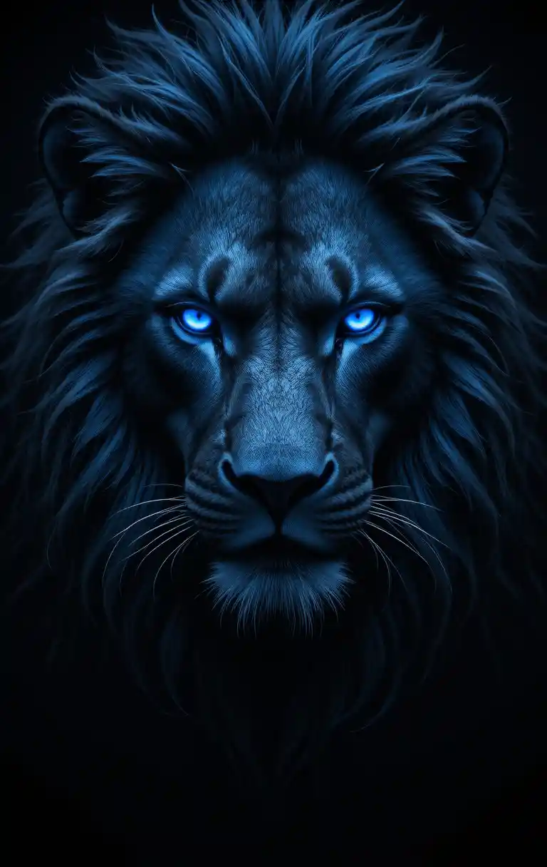 Monochrome Lion Portrait With Glowing Blue Mystical Eyes