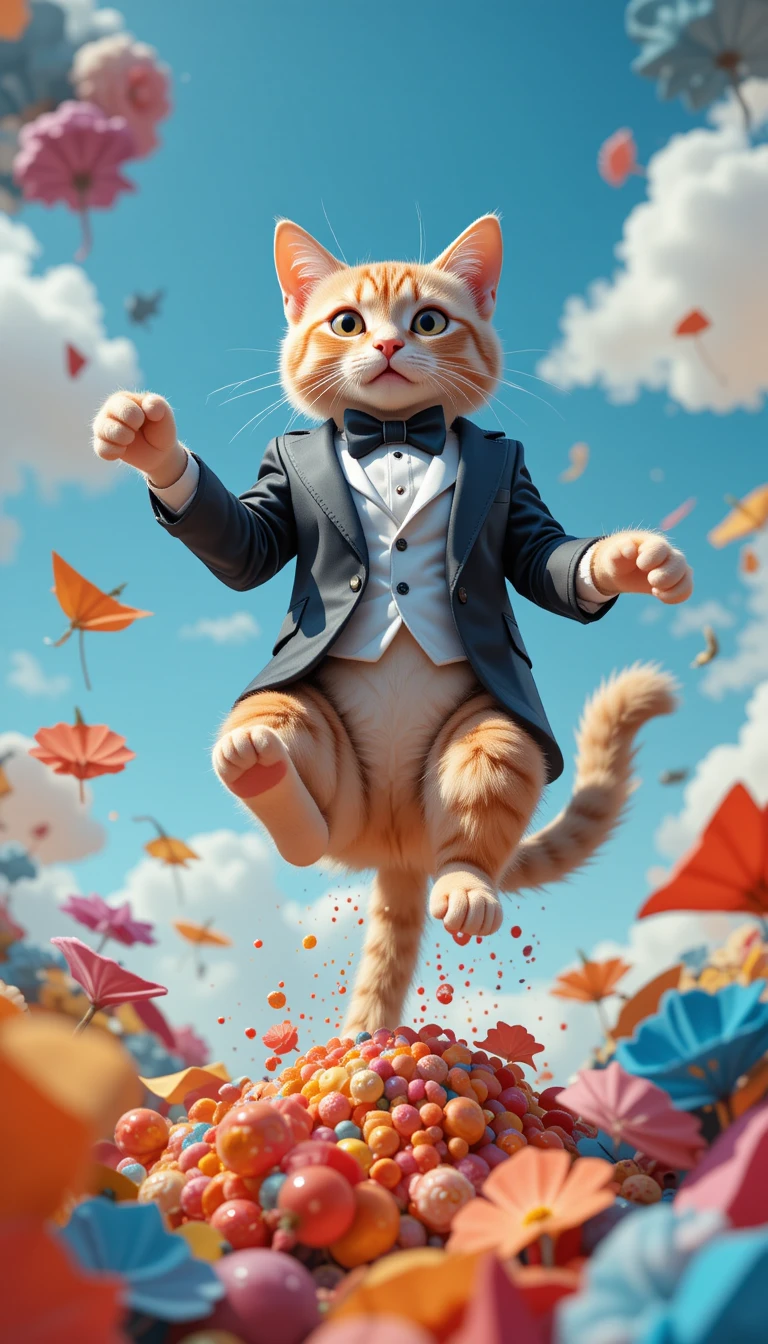 Elegante gato 3D haciendo paracaidismo con paracaídas colorido