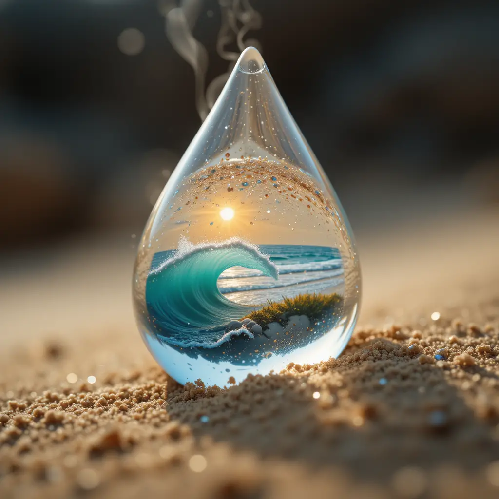 Close up water drop revealing a tiny beach world