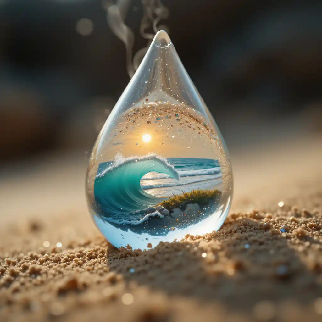 Gros plan d’une goutte d’eau révélant un minuscule monde de plage
