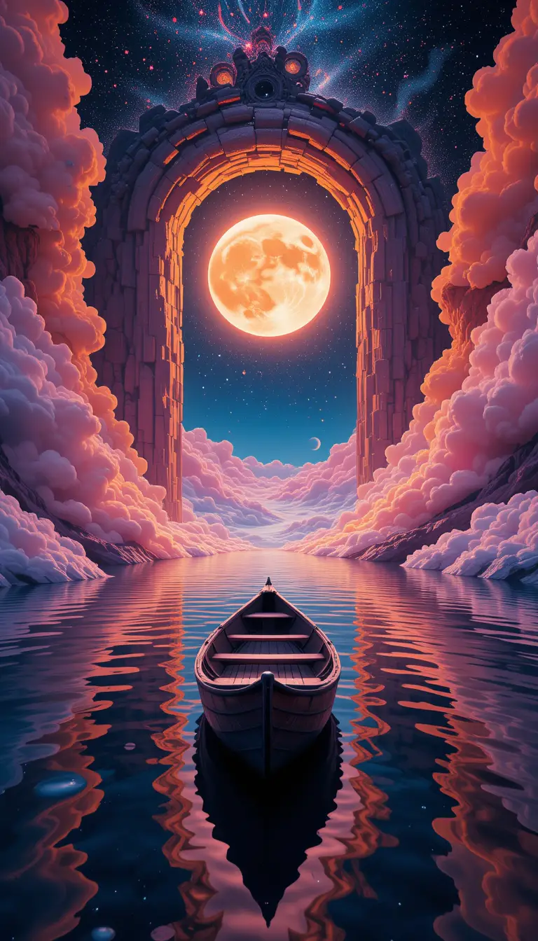 Surreal dreamscape with empty rowboat and glowing moon